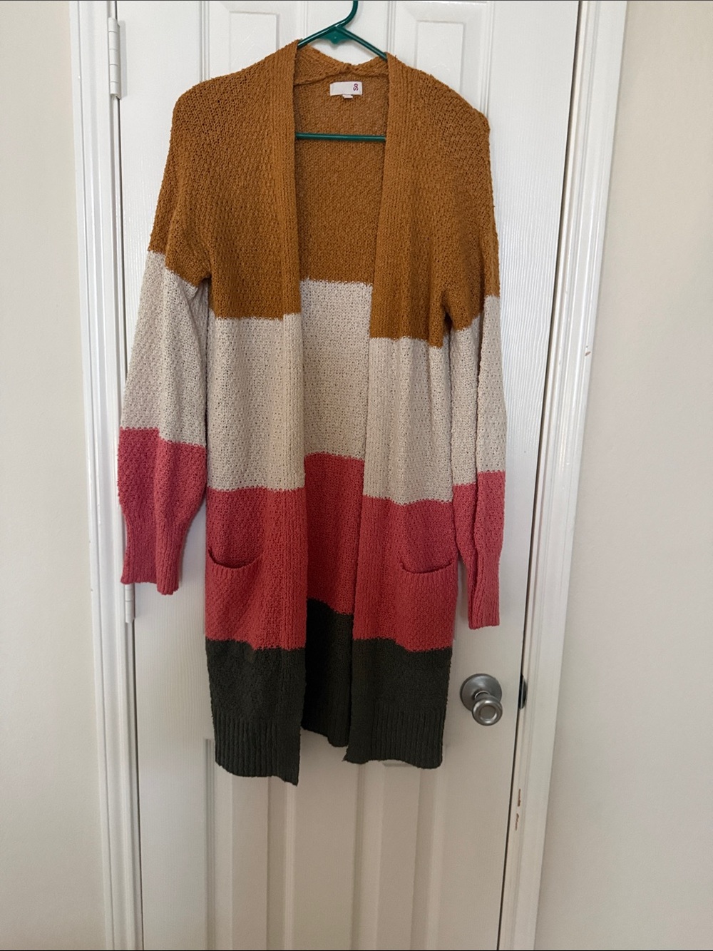 Sonoma Mustard, Cream, Coral & Olive Colorblock Open Cardigan